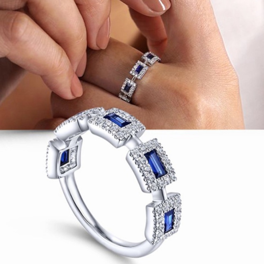 Trendy Silver Diamond Blue Sapphire Ring